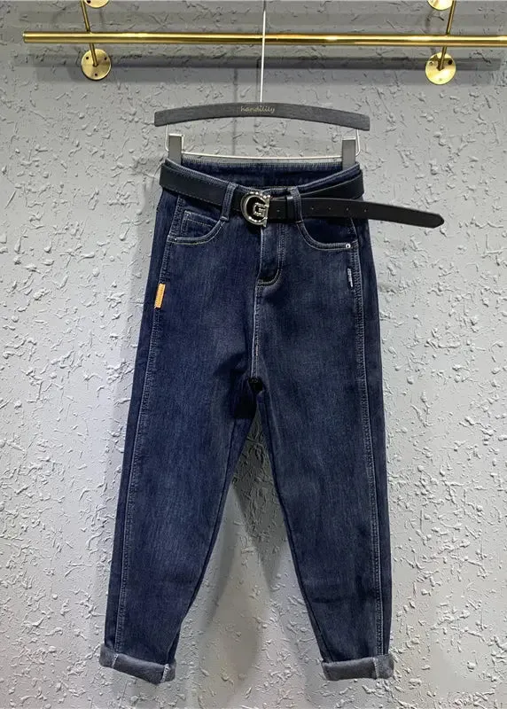 Boutique Blue Pockets Patchwork Warm Fleece Denim Pants Winter ML0771
