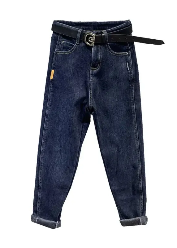 Boutique Blue Pockets Patchwork Warm Fleece Denim Pants Winter ML0771