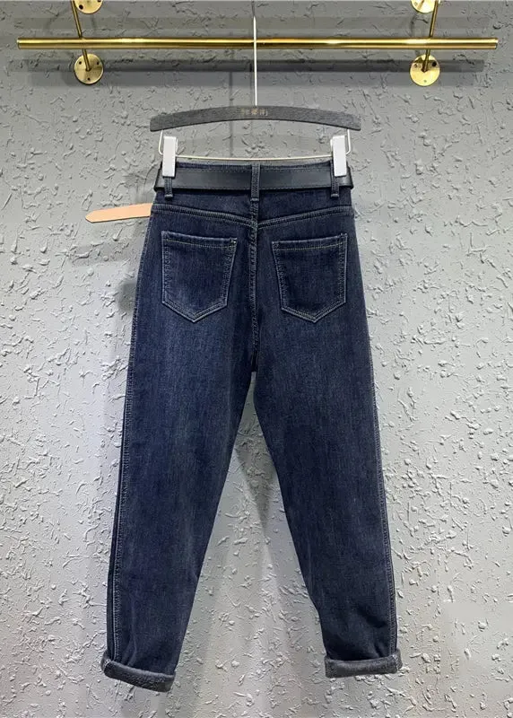 Boutique Blue Pockets Patchwork Warm Fleece Denim Pants Winter ML0771
