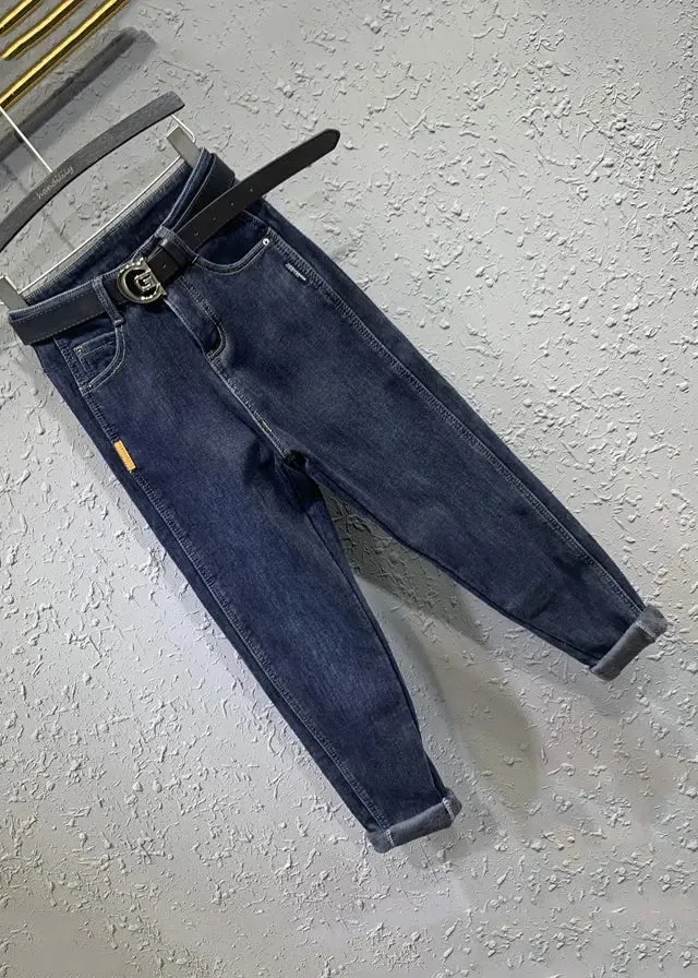 Boutique Blue Pockets Patchwork Warm Fleece Denim Pants Winter ML0771