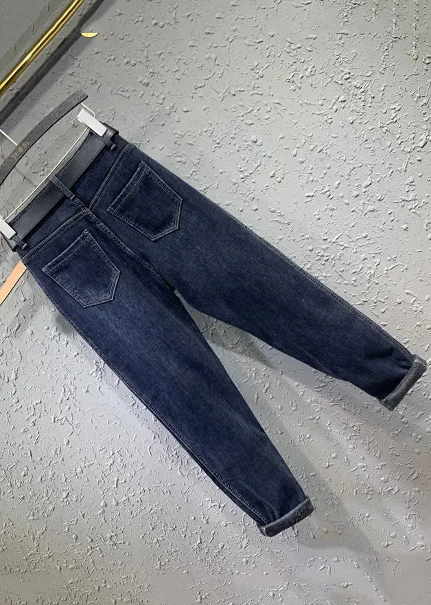 Boutique Blue Pockets Patchwork Warm Fleece Denim Pants Winter ML0771