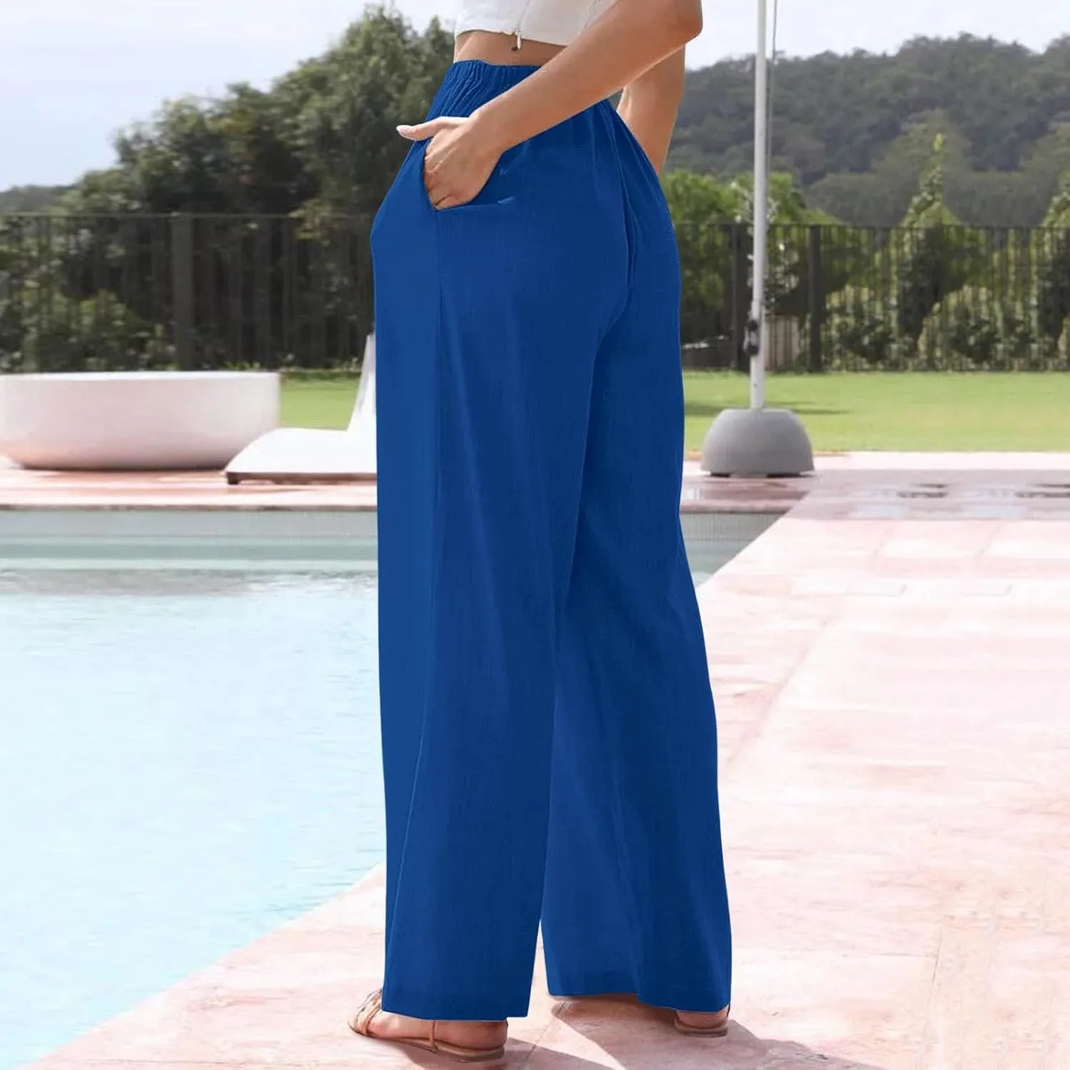 Capri Linen Pants for Women Summer High Waisted Wide Leg Pant Pleated Flowy Straight Leg Beach Trousers with Pockets