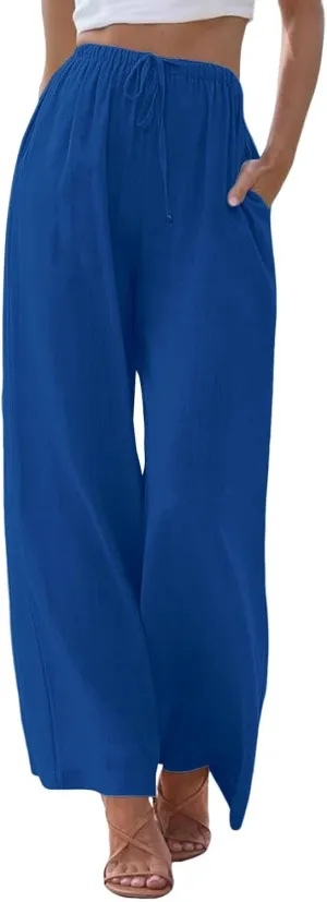 Capri Linen Pants for Women Summer High Waisted Wide Leg Pant Pleated Flowy Straight Leg Beach Trousers with Pockets