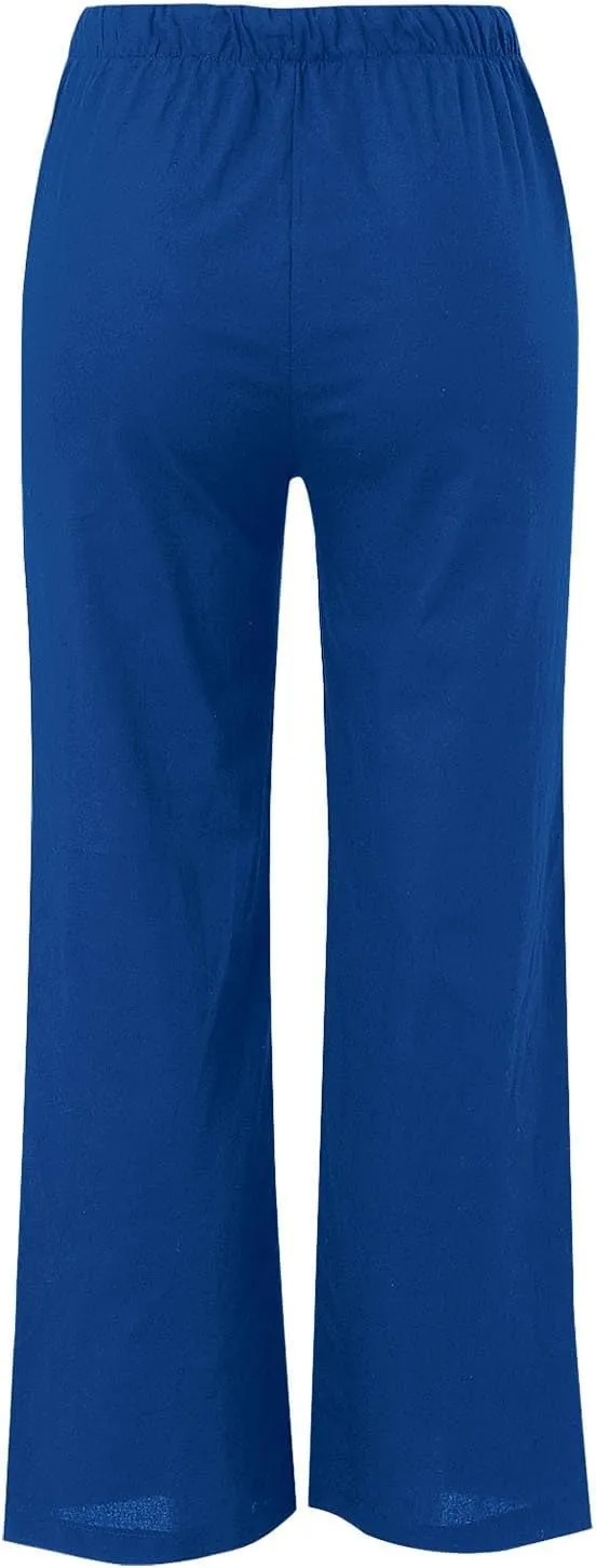 Capri Linen Pants for Women Summer High Waisted Wide Leg Pant Pleated Flowy Straight Leg Beach Trousers with Pockets