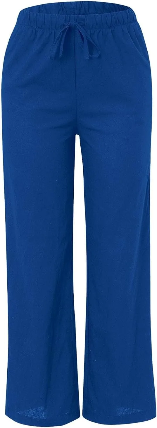 Capri Linen Pants for Women Summer High Waisted Wide Leg Pant Pleated Flowy Straight Leg Beach Trousers with Pockets
