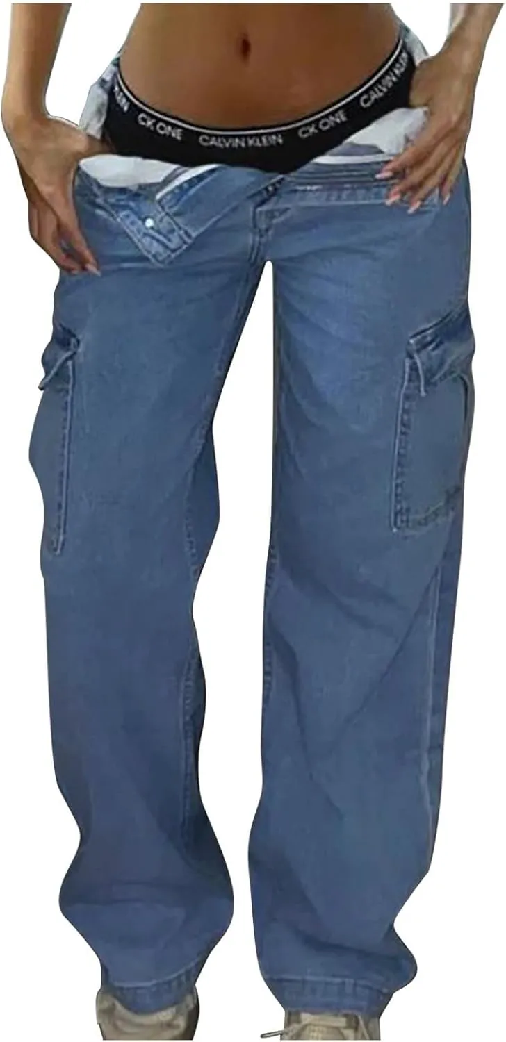Cargo Style Skinny Jeans for Women Casual Fashion Slim Stretch Denim Pants with Flap Pocket Zipper Button Closure