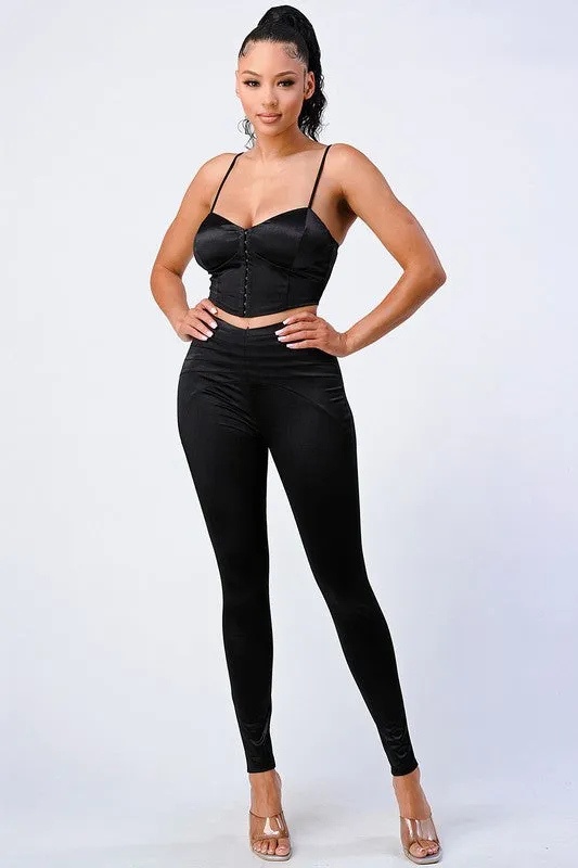CHIC SATIN CROPPED CORSET CAMI AND PANTS SET