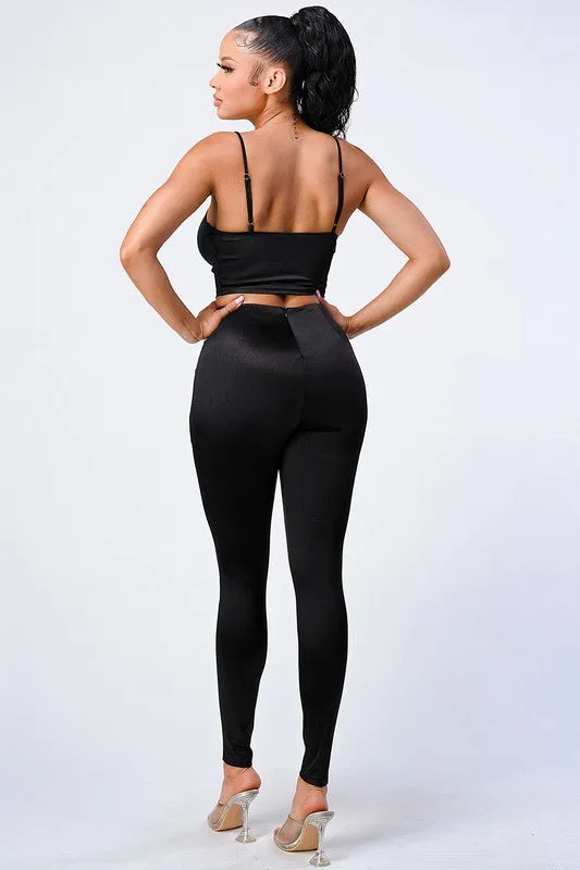 CHIC SATIN CROPPED CORSET CAMI AND PANTS SET