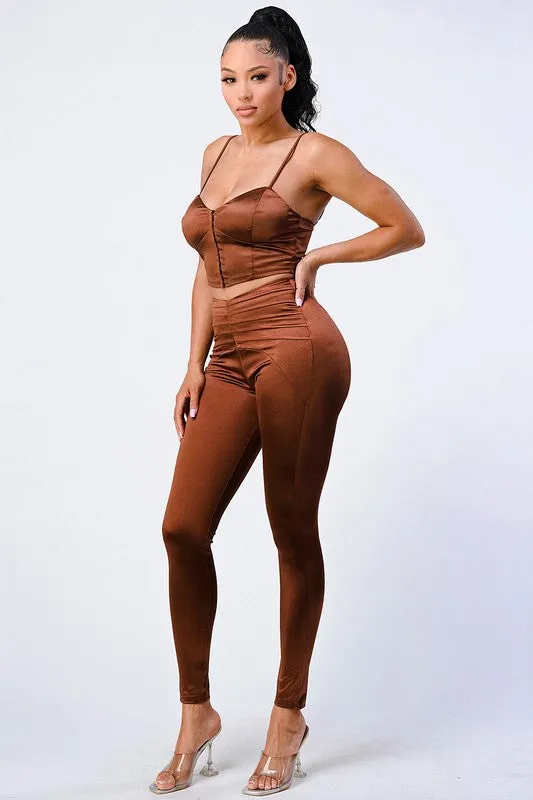 CHIC SATIN CROPPED CORSET CAMI AND PANTS SET