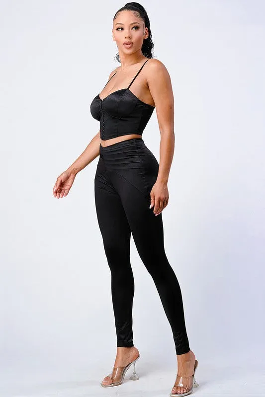 CHIC SATIN CROPPED CORSET CAMI AND PANTS SET