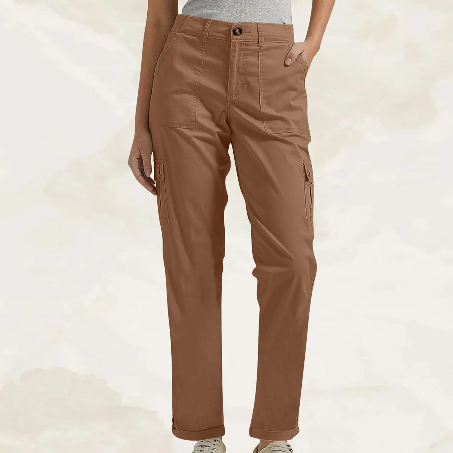 lcziwo Women Cargo Pant Casual Stretch Elastic Waist Flat Front Straight Leg Long Pants Fall Winter Cuffed Hem Work Trousers