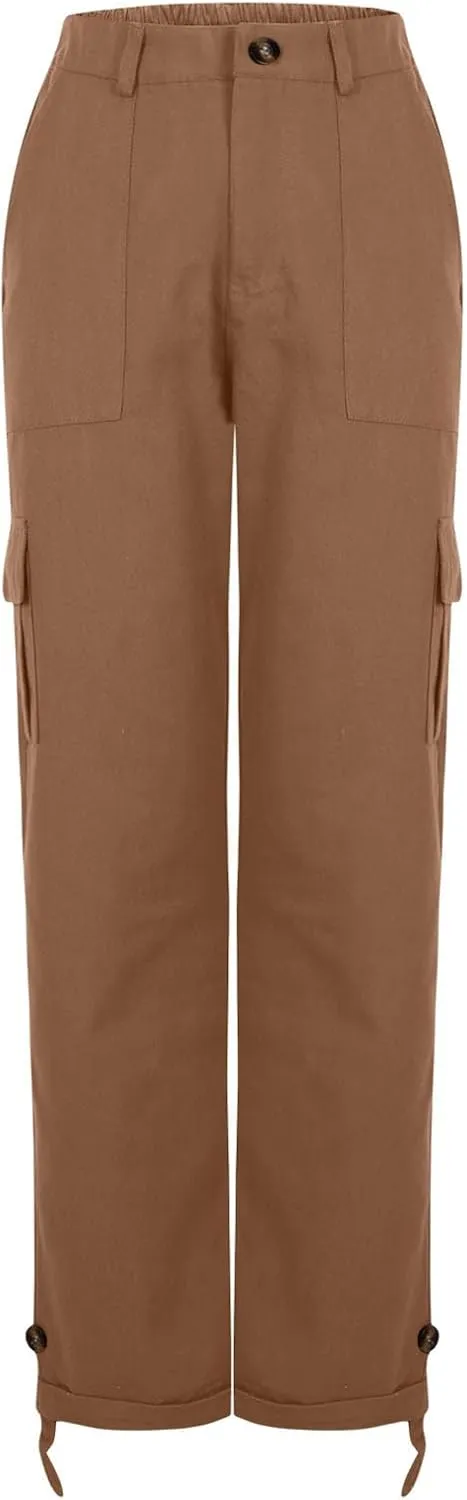 lcziwo Women Cargo Pant Casual Stretch Elastic Waist Flat Front Straight Leg Long Pants Fall Winter Cuffed Hem Work Trousers