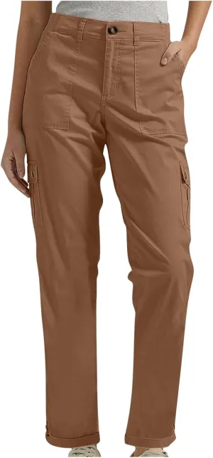 lcziwo Women Cargo Pant Casual Stretch Elastic Waist Flat Front Straight Leg Long Pants Fall Winter Cuffed Hem Work Trousers