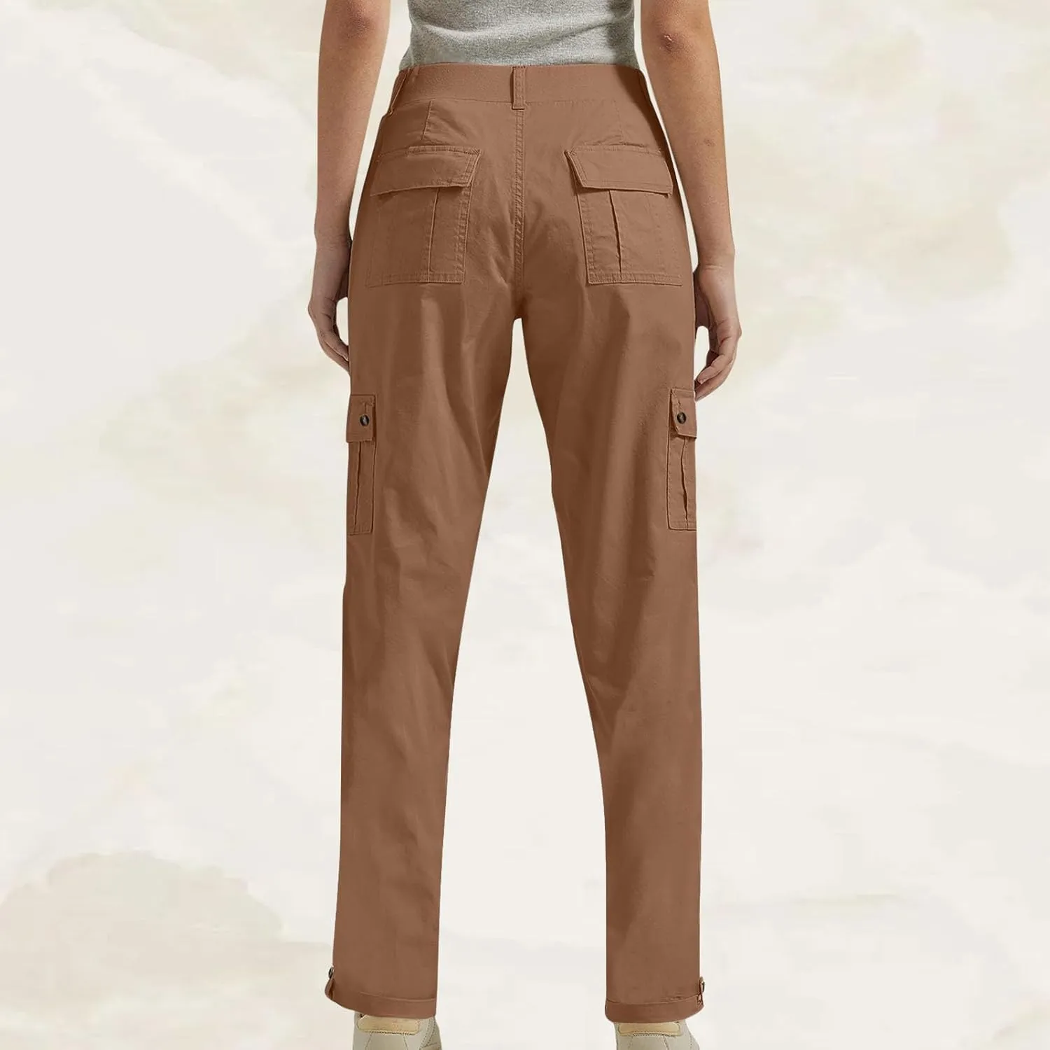 lcziwo Women Cargo Pant Casual Stretch Elastic Waist Flat Front Straight Leg Long Pants Fall Winter Cuffed Hem Work Trousers
