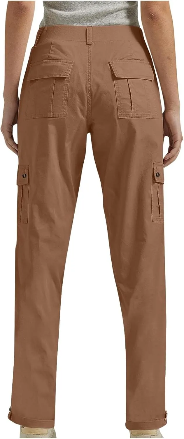 lcziwo Women Cargo Pant Casual Stretch Elastic Waist Flat Front Straight Leg Long Pants Fall Winter Cuffed Hem Work Trousers