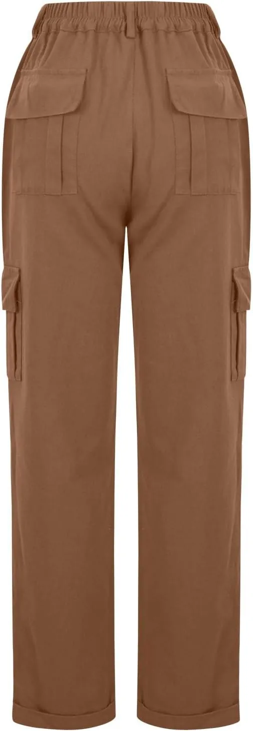 lcziwo Women Cargo Pant Casual Stretch Elastic Waist Flat Front Straight Leg Long Pants Fall Winter Cuffed Hem Work Trousers