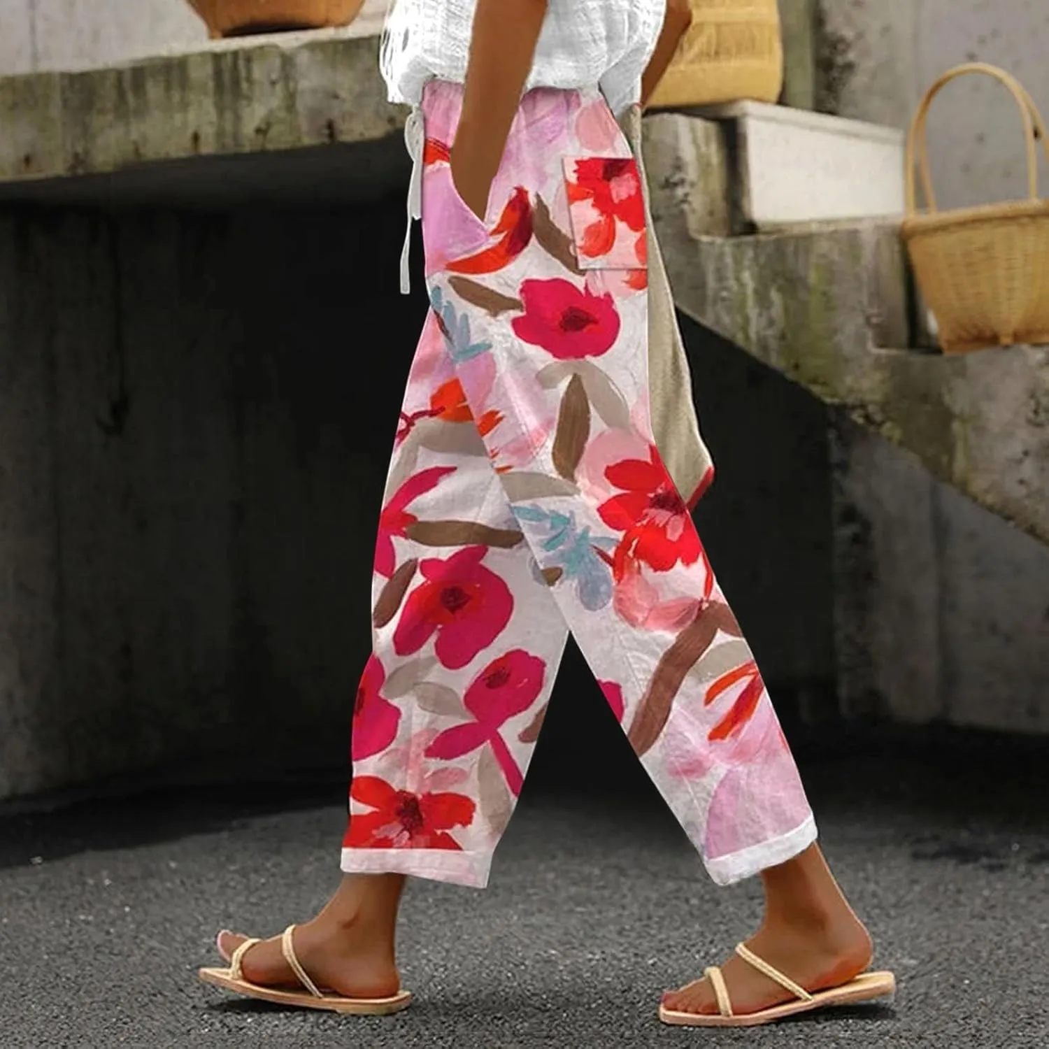 Linen Capri Pants for Women 2024 Capri Pants with Pockets Wide Leg Cropped Pants for Women Linen Capri Pants for
