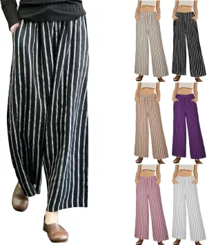 Linen Pants Women Summer Casual Loose Travel Wide Leg Flowy Pants Boho Elastic Waist Linen Beach Pants Trousers