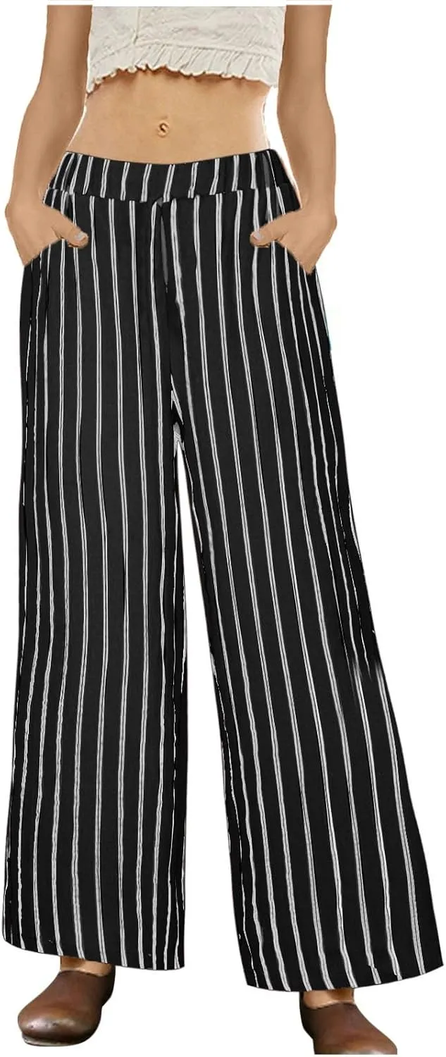 Linen Pants Women Summer Casual Loose Travel Wide Leg Flowy Pants Boho Elastic Waist Linen Beach Pants Trousers