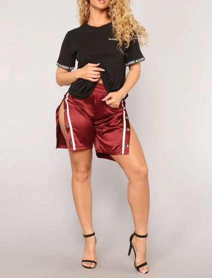 Trendy side split stripe snap track shorts pants