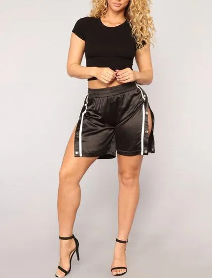 Trendy side split stripe snap track shorts pants