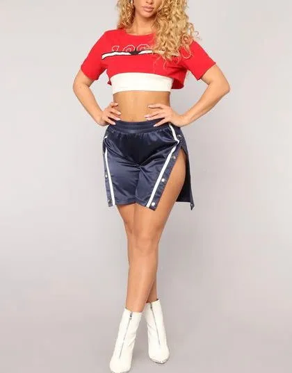 Trendy side split stripe snap track shorts pants