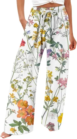 Women Linen Pants Casual Loose High Waist Boho Wide Leg Cropped Palazzo Beach Pants Summer Outfits 2024 Trendy