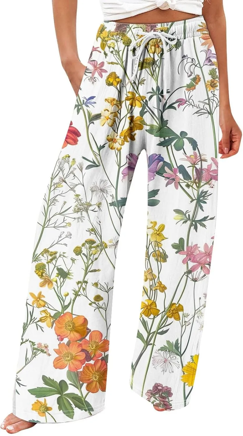 Women Linen Pants Casual Loose High Waist Boho Wide Leg Cropped Palazzo Beach Pants Summer Outfits 2024 Trendy