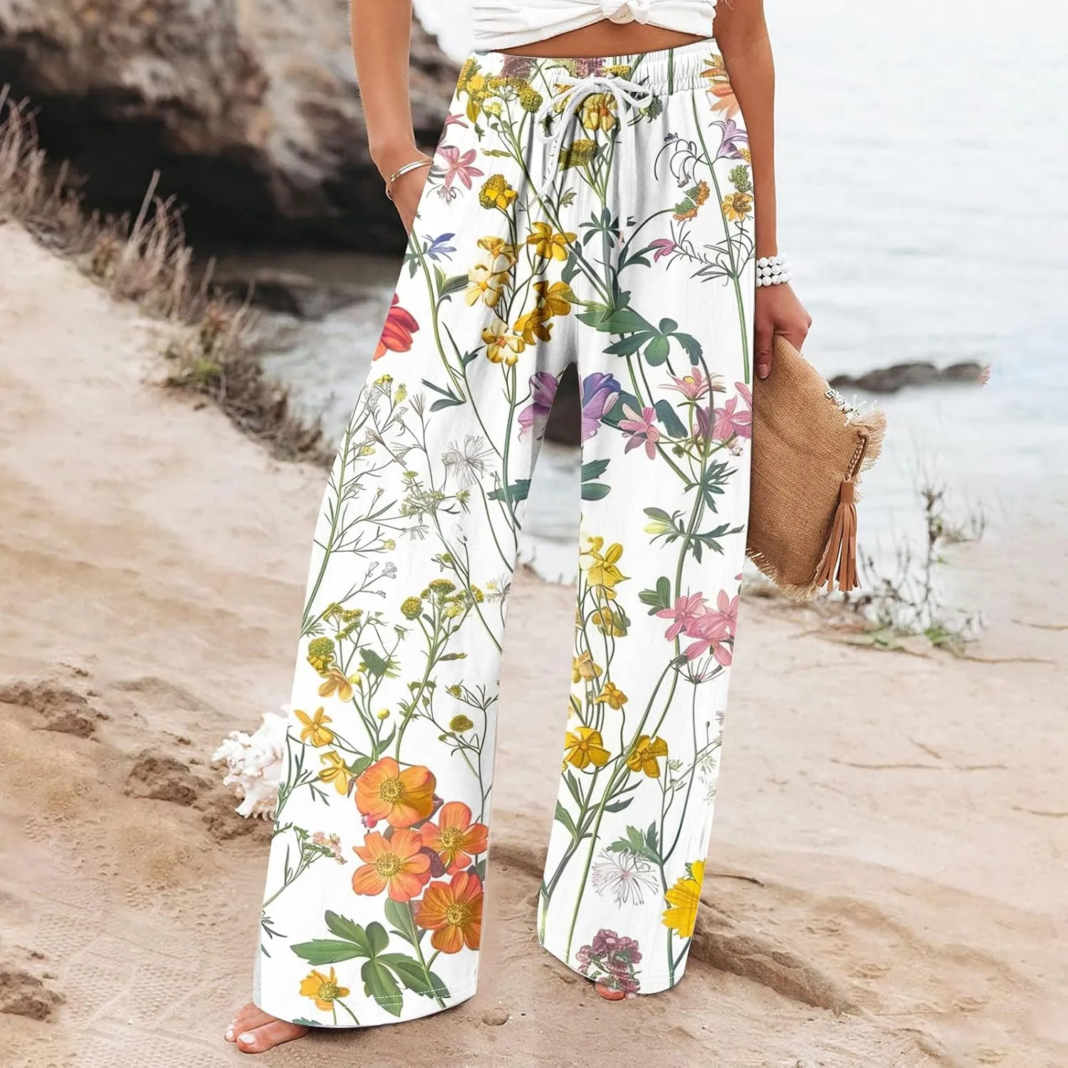 Women Linen Pants Casual Loose High Waist Boho Wide Leg Cropped Palazzo Beach Pants Summer Outfits 2024 Trendy