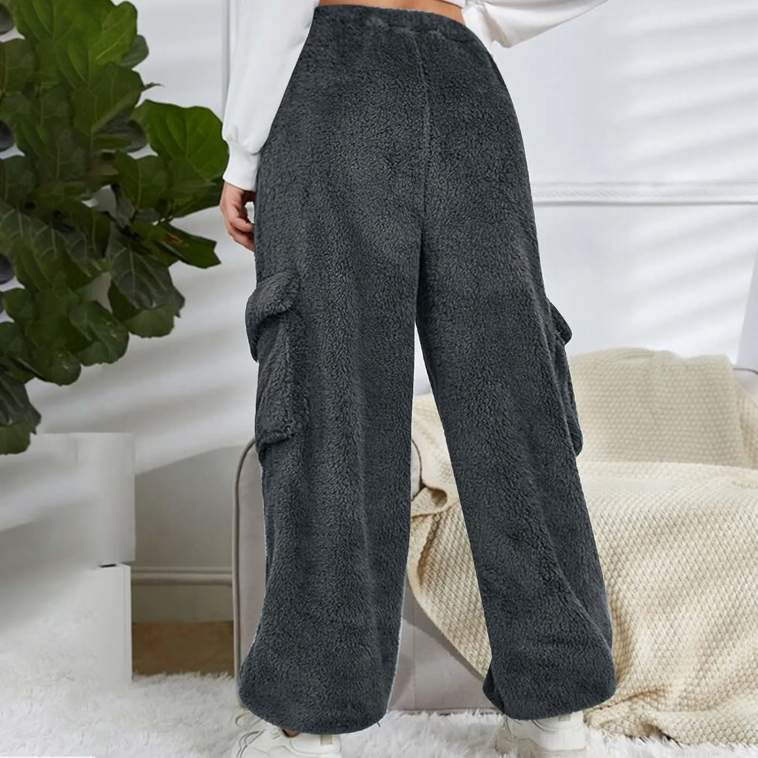 Women Plush Fluffy Pants Cargo Pockets Casual Warm Soft Fleece Elastic Waist Pajama Bottoms Winter Cozy Lounge Pants