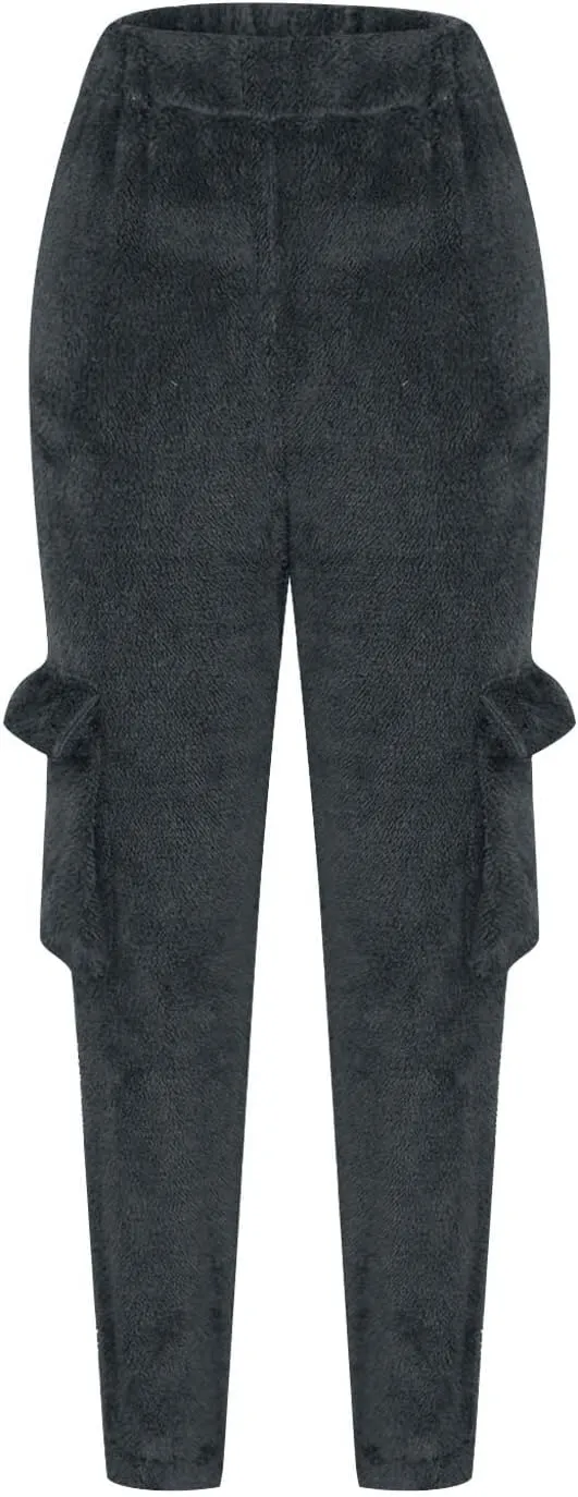 Women Plush Fluffy Pants Cargo Pockets Casual Warm Soft Fleece Elastic Waist Pajama Bottoms Winter Cozy Lounge Pants