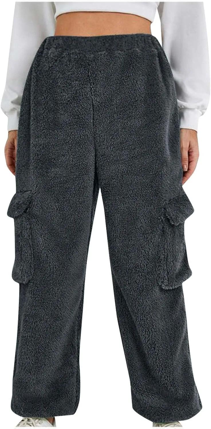 Women Plush Fluffy Pants Cargo Pockets Casual Warm Soft Fleece Elastic Waist Pajama Bottoms Winter Cozy Lounge Pants