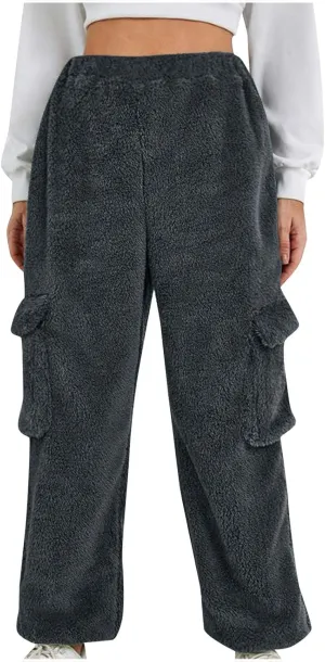 Women Plush Fluffy Pants Cargo Pockets Casual Warm Soft Fleece Elastic Waist Pajama Bottoms Winter Cozy Lounge Pants