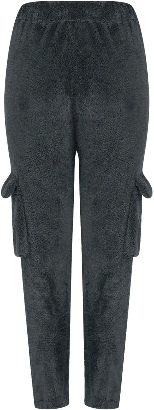 Women Plush Fluffy Pants Cargo Pockets Casual Warm Soft Fleece Elastic Waist Pajama Bottoms Winter Cozy Lounge Pants