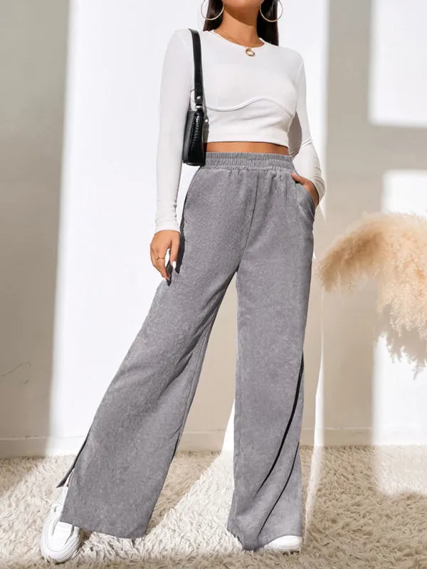 Women's Elastic Waistband Mid-Waist Corduroy Wide Leg Slit Pants