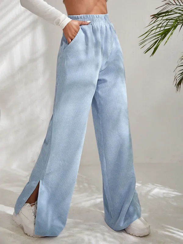 Women's Elastic Waistband Mid-Waist Corduroy Wide Leg Slit Pants