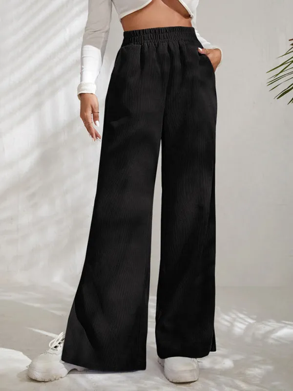 Women's Elastic Waistband Mid-Waist Corduroy Wide Leg Slit Pants