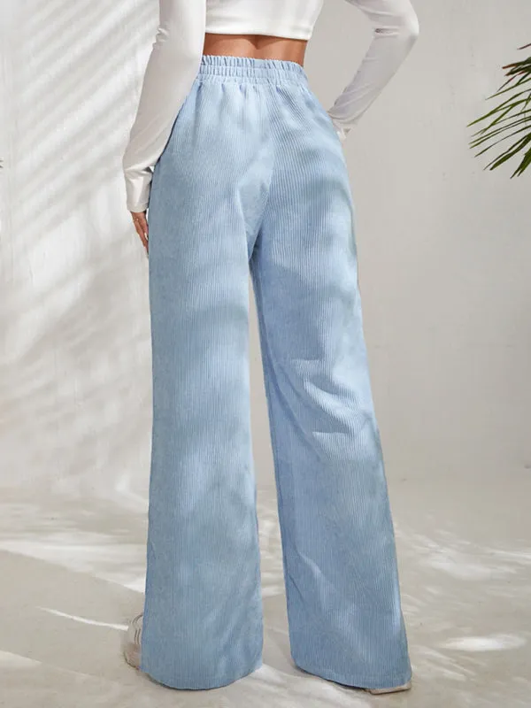 Women's Elastic Waistband Mid-Waist Corduroy Wide Leg Slit Pants
