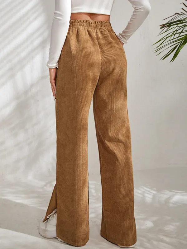 Women's Elastic Waistband Mid-Waist Corduroy Wide Leg Slit Pants
