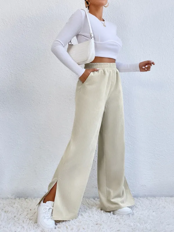 Women's Elastic Waistband Mid-Waist Corduroy Wide Leg Slit Pants