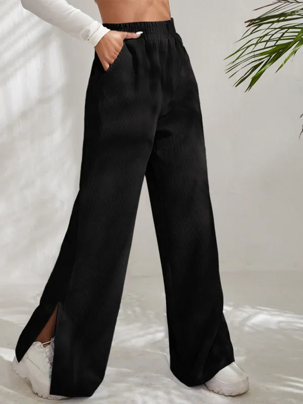 Women's Elastic Waistband Mid-Waist Corduroy Wide Leg Slit Pants