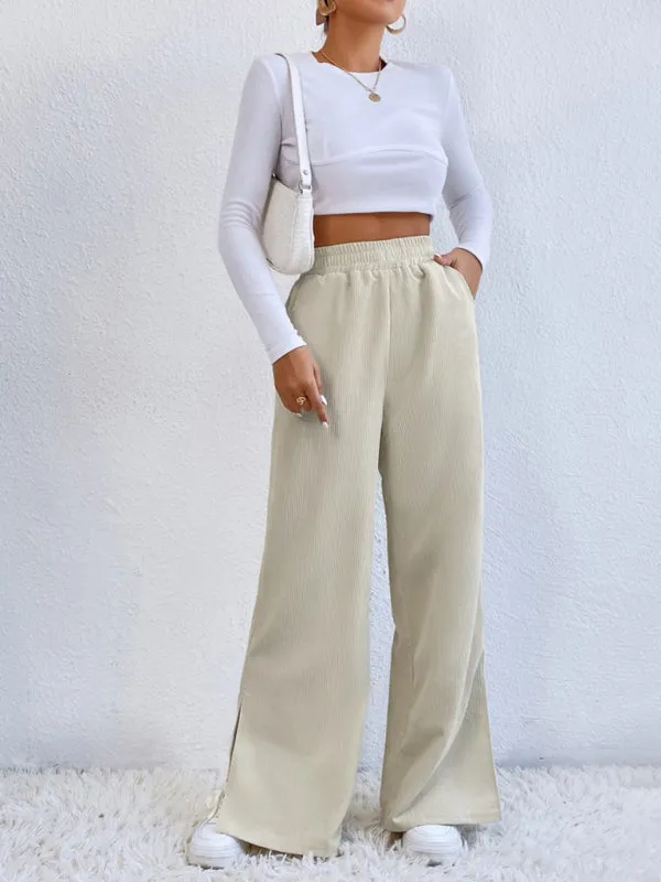 Women's Elastic Waistband Mid-Waist Corduroy Wide Leg Slit Pants