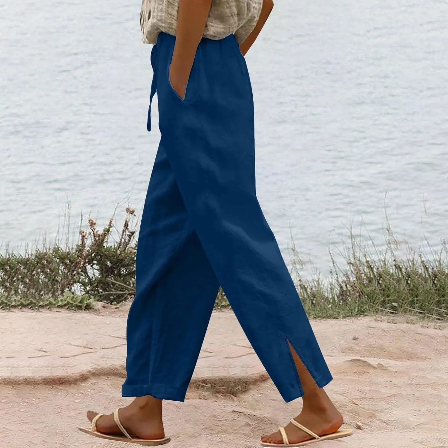 Women's Solid Striped Linen Capris Linen Straight Leg Loose Casual Pants Beach Palazzo Harem Pants with Pockets
