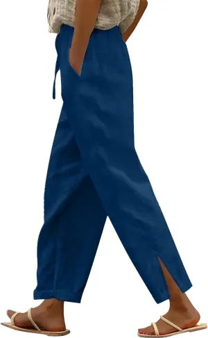 Women's Solid Striped Linen Capris Linen Straight Leg Loose Casual Pants Beach Palazzo Harem Pants with Pockets