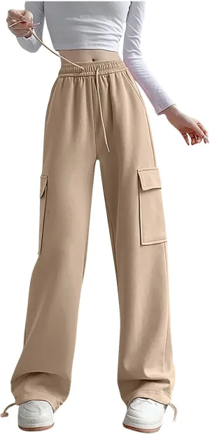 Womens Sweatpants Casual Baggy Wide Leg Joggers with Cargo Pockets Fall Winter Drawstring Fleece Lined Sweat Pants
