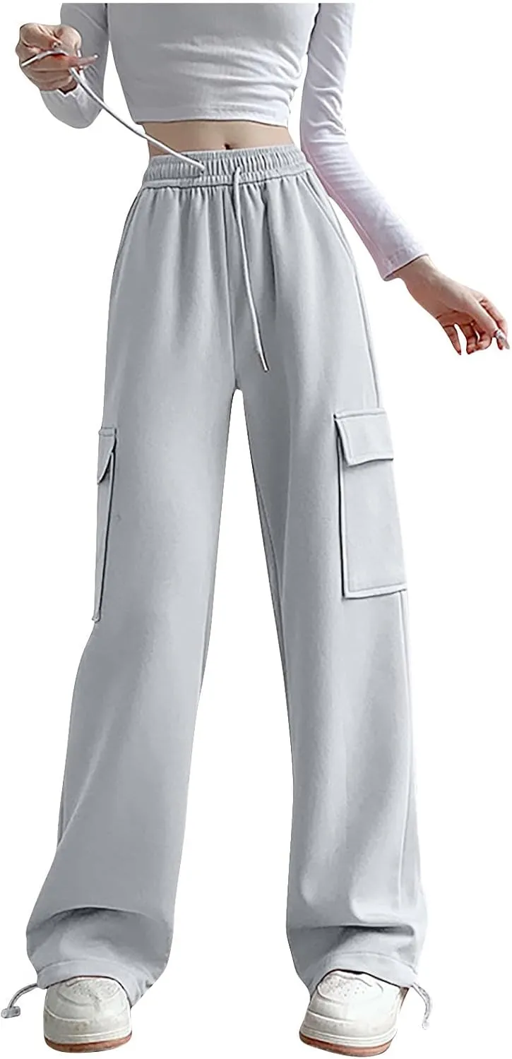 Womens Sweatpants Casual Baggy Wide Leg Joggers with Cargo Pockets Fall Winter Drawstring Fleece Lined Sweat Pants